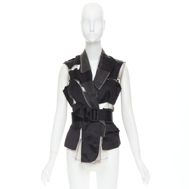 COMME DES GARCONS 2007 Runway black satin sheer patchwork tulle belted vest S