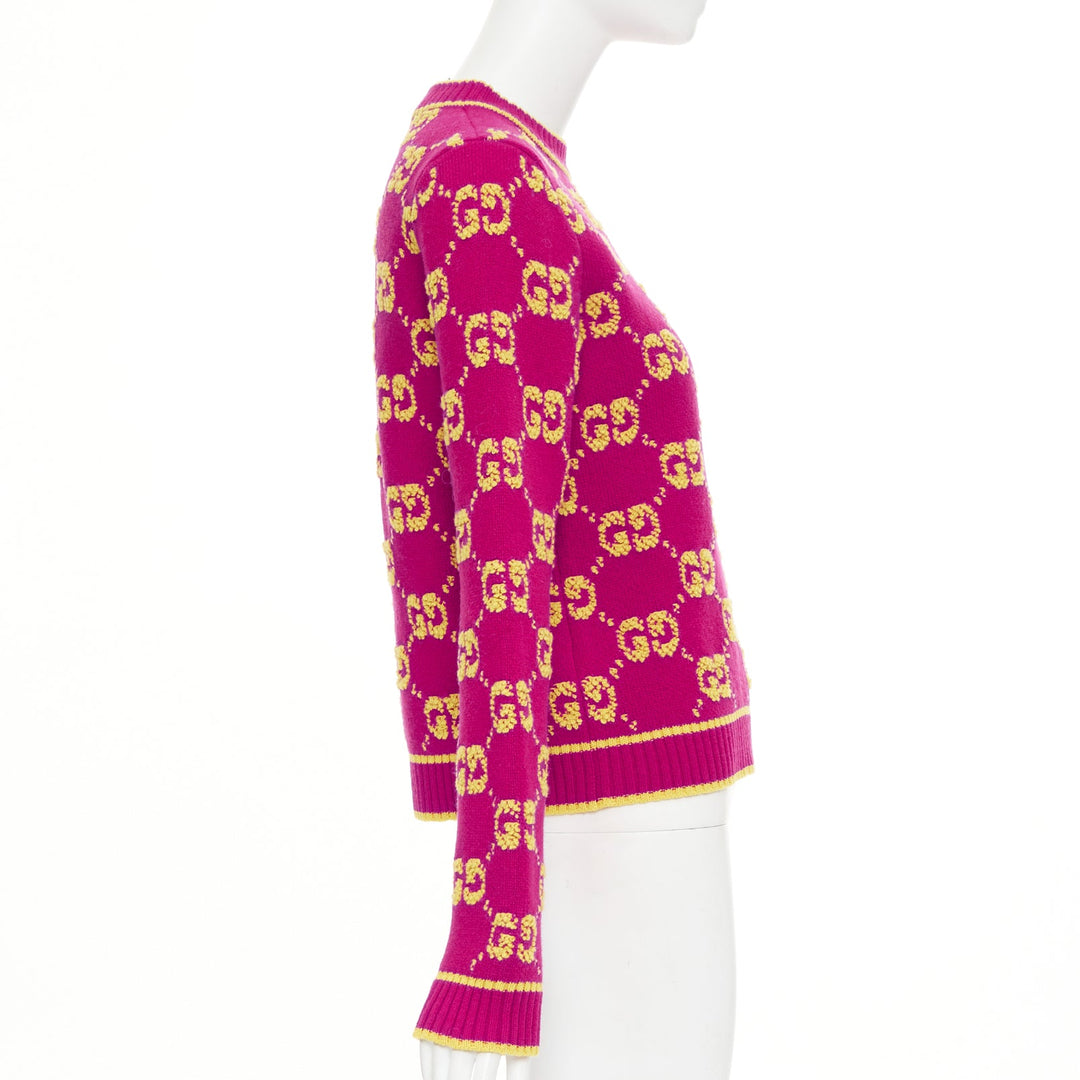 GUCCI 2022 magenta yellow wool GG monogram jacquard cropped sweater XS