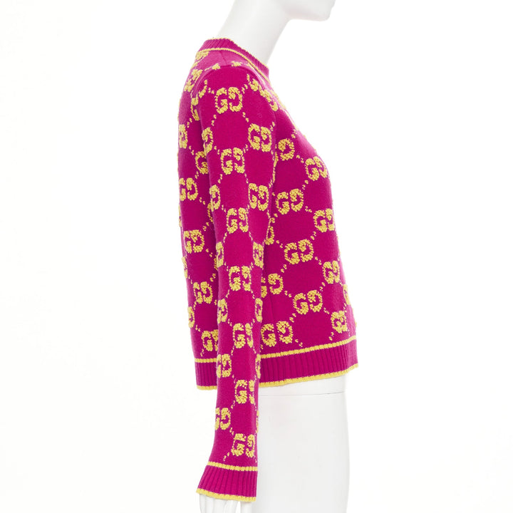 GUCCI 2022 magenta yellow wool GG monogram jacquard cropped sweater XS