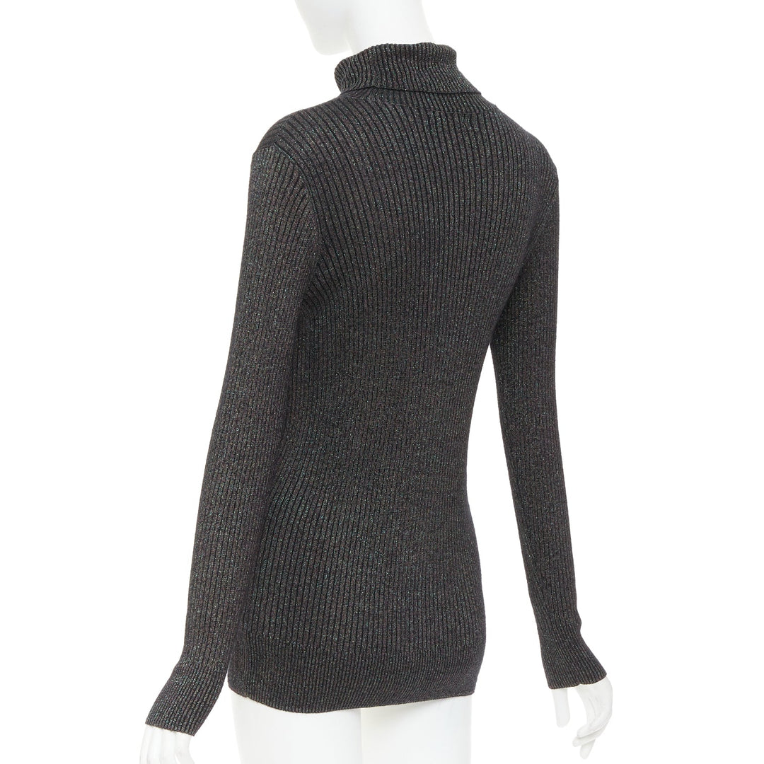 DRIES VAN NOTEN metallic green lurex viscose blend ribbed turtleneck sweater M