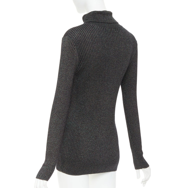 DRIES VAN NOTEN metallic green lurex viscose blend ribbed turtleneck sweater M