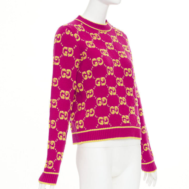 GUCCI 2022 magenta yellow wool GG monogram jacquard cropped sweater XS