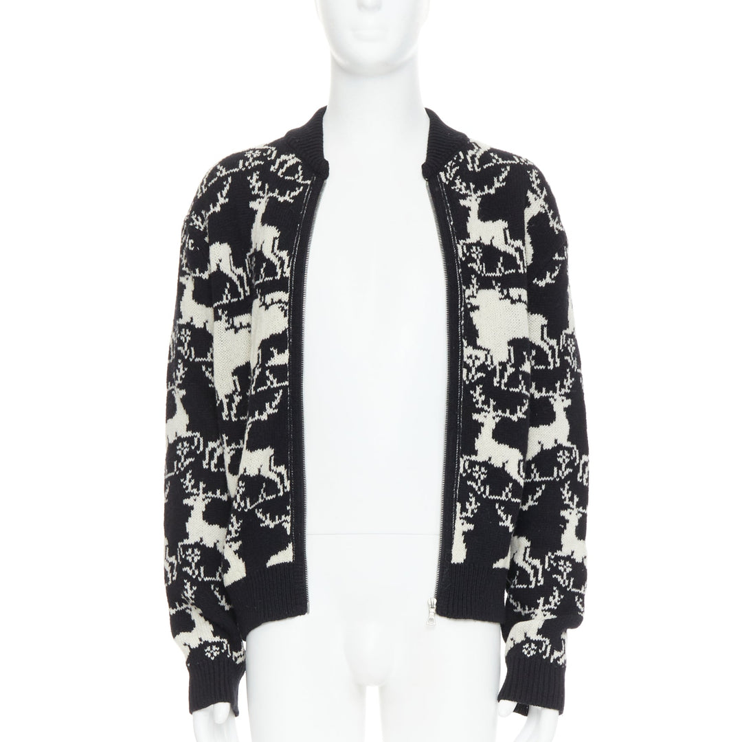 DRIES VAN NOTEN black white wool reindeer intarsia zip up jacket M