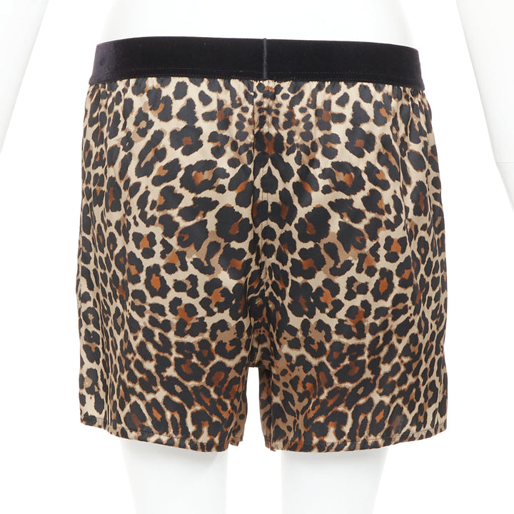 TOM FORD brown silk satin leopard print TF logo velvet trim shorts XS