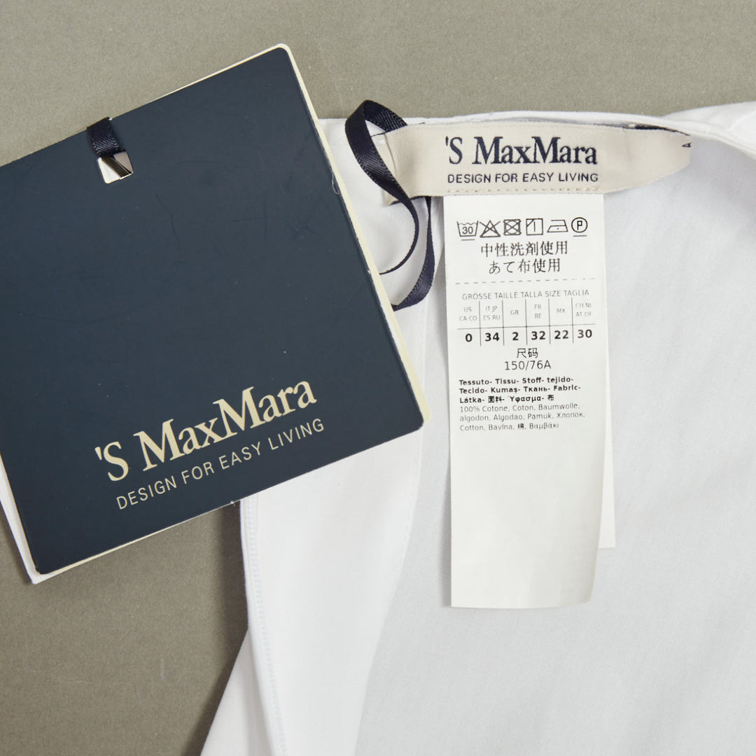 S MAX MARA 2024 Maya Asymmetric gather neck white cotton poplin blouse IT34 XXS