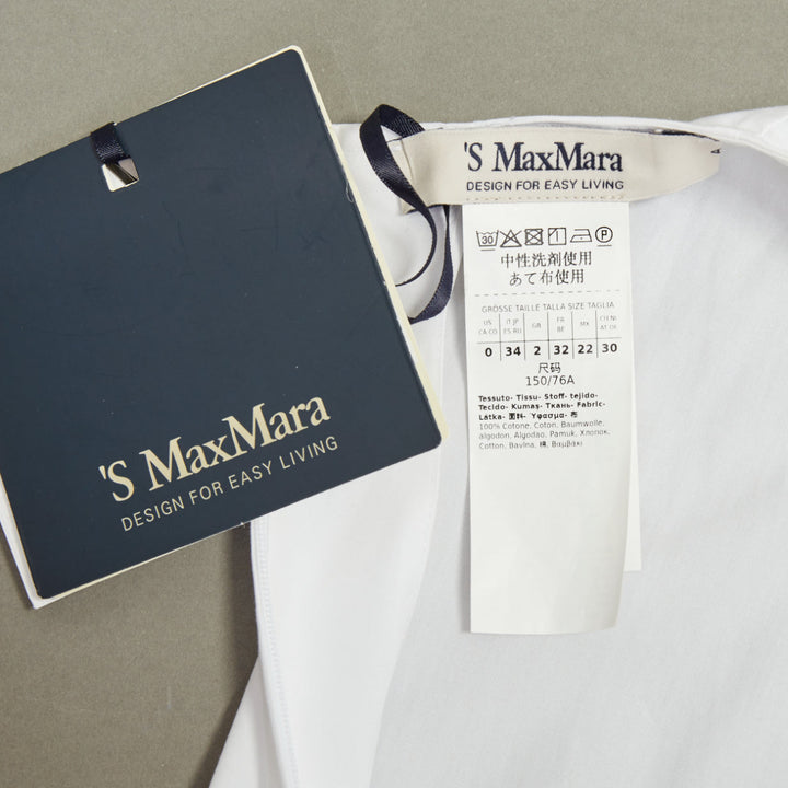 S MAX MARA 2024 Maya Asymmetric gather neck white cotton poplin blouse IT34 XXS