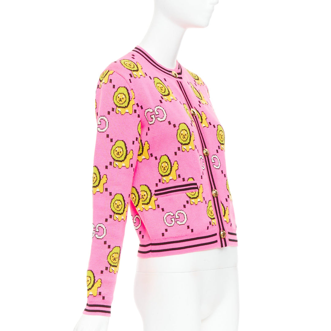 GUCCI PIKARAR pink yellow cotton Kawaii Lion GG monogram cropped cardigan XXS
