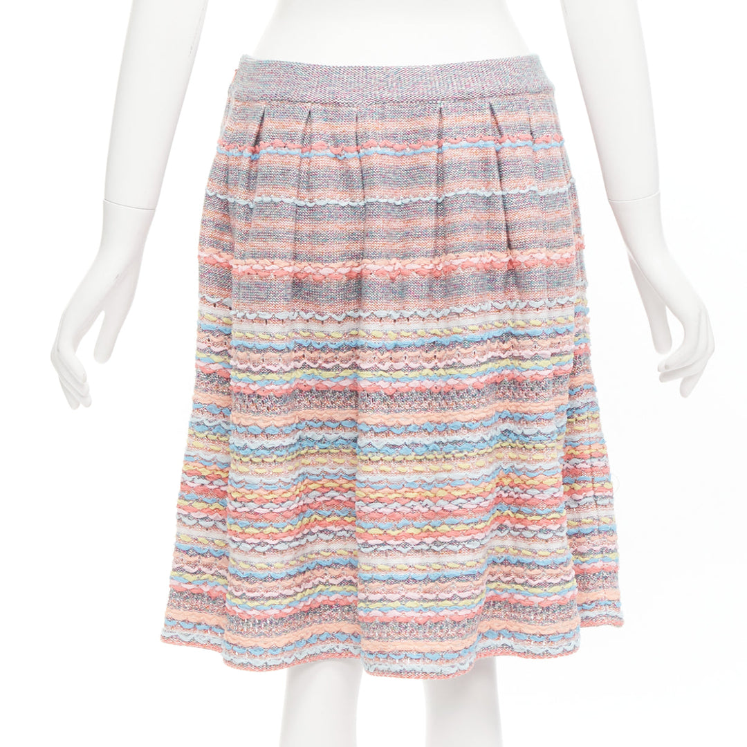 CHANEL 18P rainbow silk cotton cashmere ribbon tweed knee length skirt FR40 L