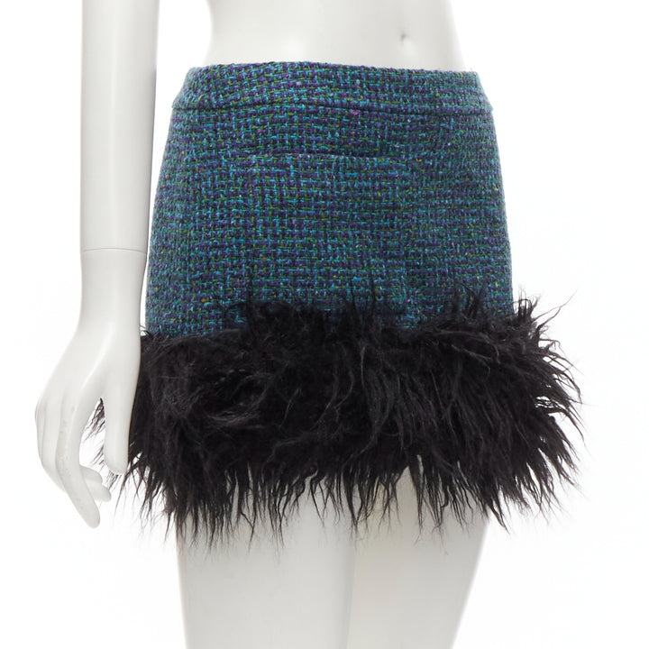 SAINT LAURENT 2022 blue tweed faux fur trim mini skirt FR38 M