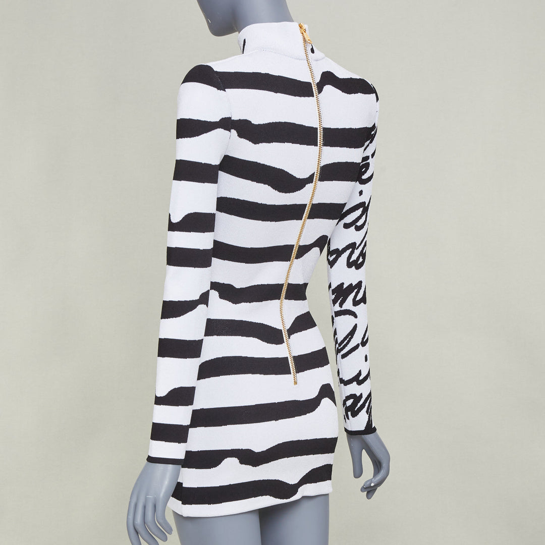 BALMAIN white black script stripe jacquard mock neck knit zip dress FR34 XXS