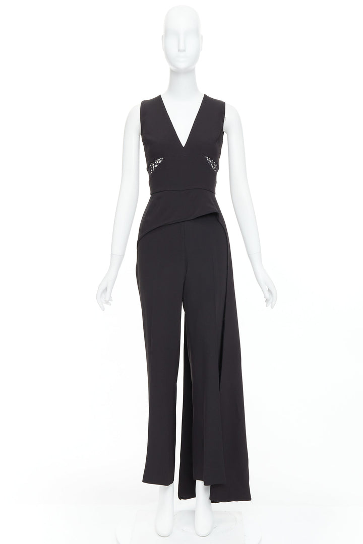 ELIE SAAB black sheer panels drape asymmetric V neck jumpsuit FR36 S