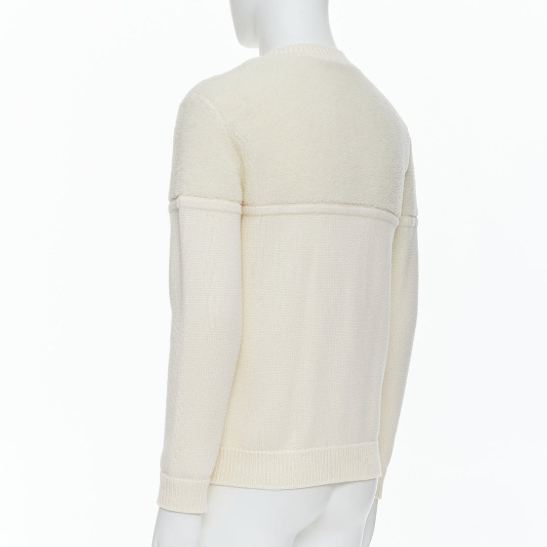 Male mannequin wearing Fendi Cream Wool Men Sweater in Size IT46 | Available at JHROP