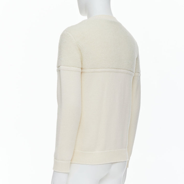 Male mannequin wearing Fendi Cream Wool Men Sweater in Size IT46 | Available at JHROP