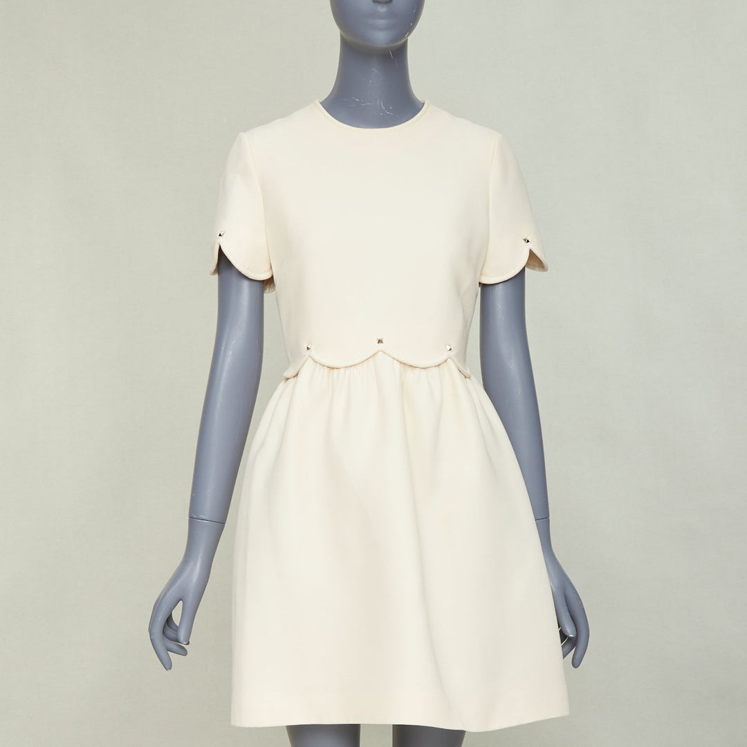 VALENTINO ivory Crepe Couture silver Rockstud scalloped Bambolina dress IT42 M
