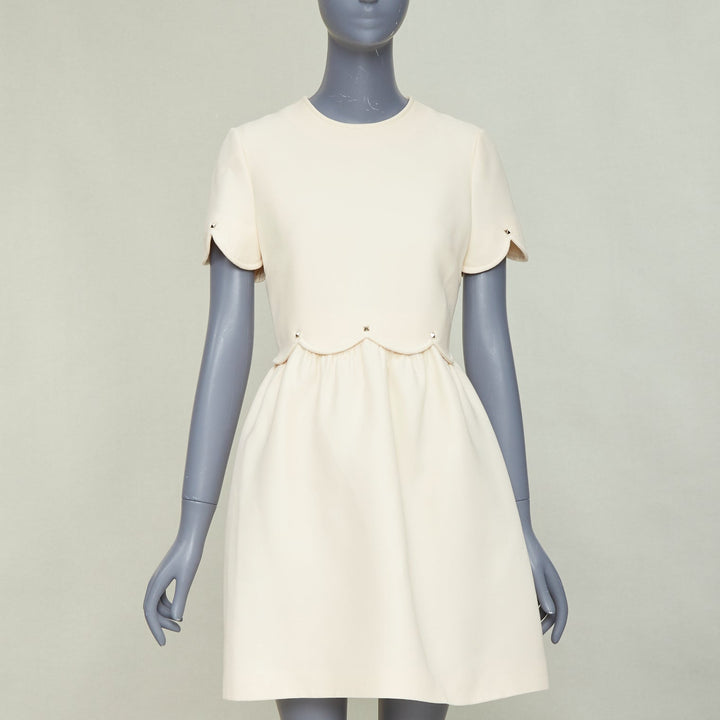 VALENTINO ivory Crepe Couture silver Rockstud scalloped Bambolina dress IT42 M