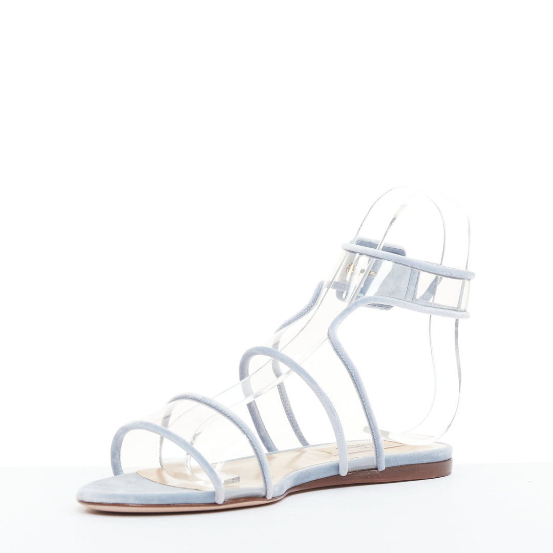 VALENTINO baby blue velvet trim clear PVC strappy flat sandals EU37