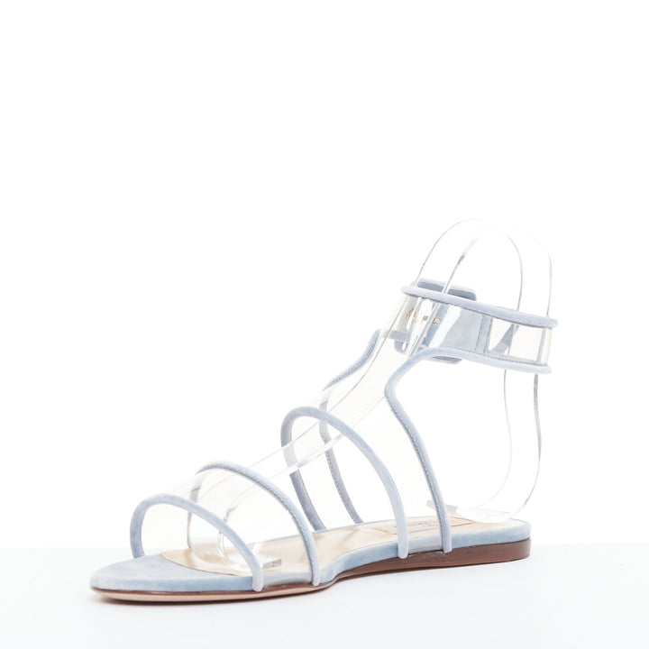 VALENTINO baby blue velvet trim clear PVC strappy flat sandals EU37