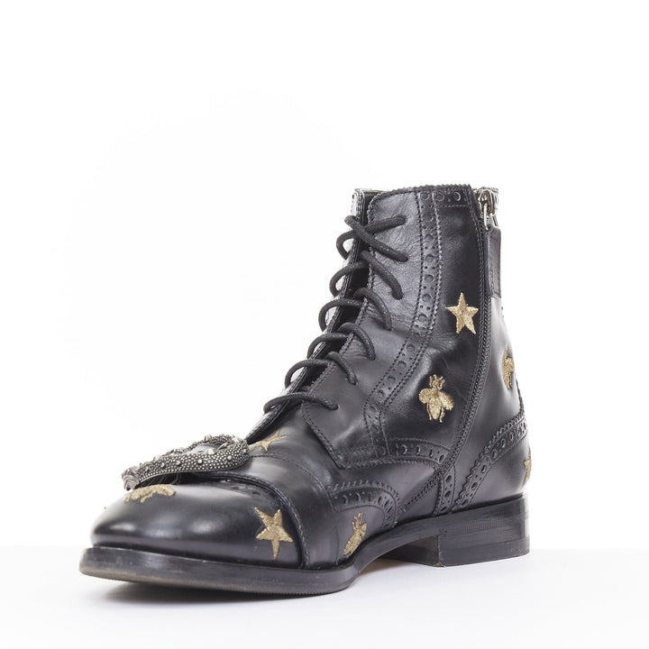 GUCCI 2018 Runway Queercore bee star embroidery leather brogue boot EU39.5 UK6.5
