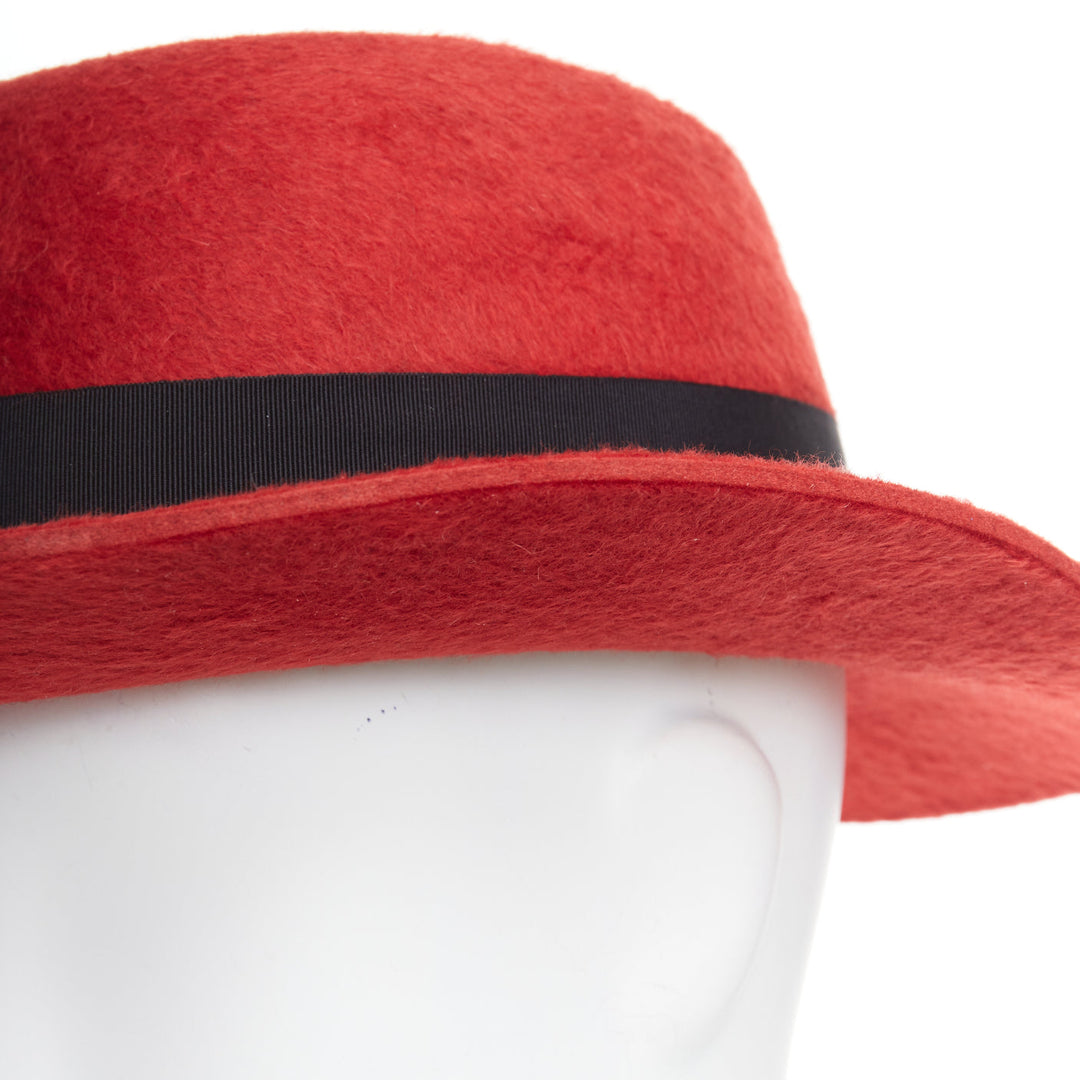 SAINT LAURENT red rabbit felt black grosgrain leather lined fedora hat