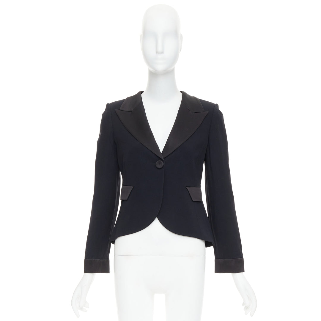EMPORIO ARMANI black satin peak lapel cropped tuxedo blazer IT40 S