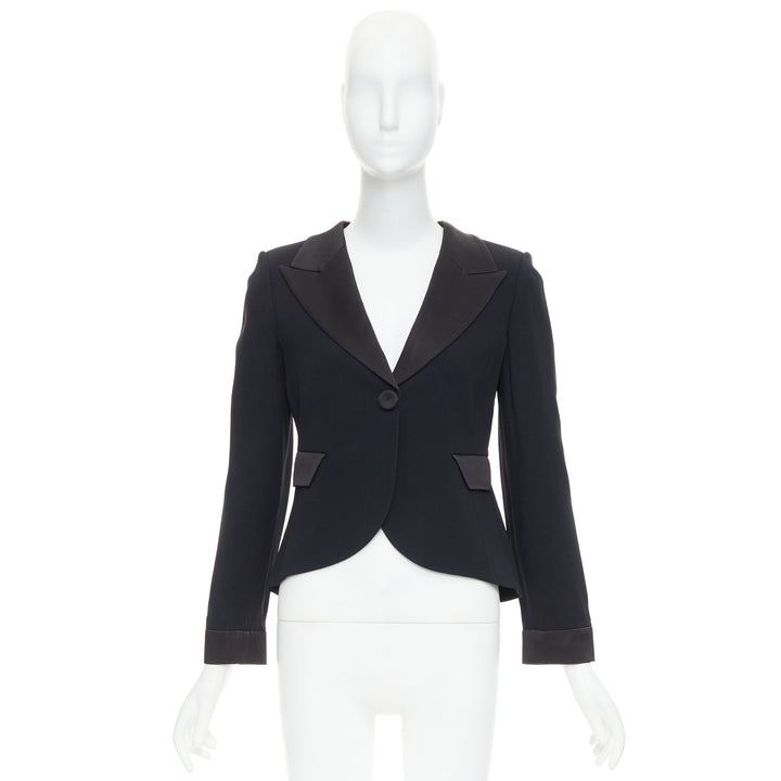 EMPORIO ARMANI black satin peak lapel cropped tuxedo blazer IT40 S