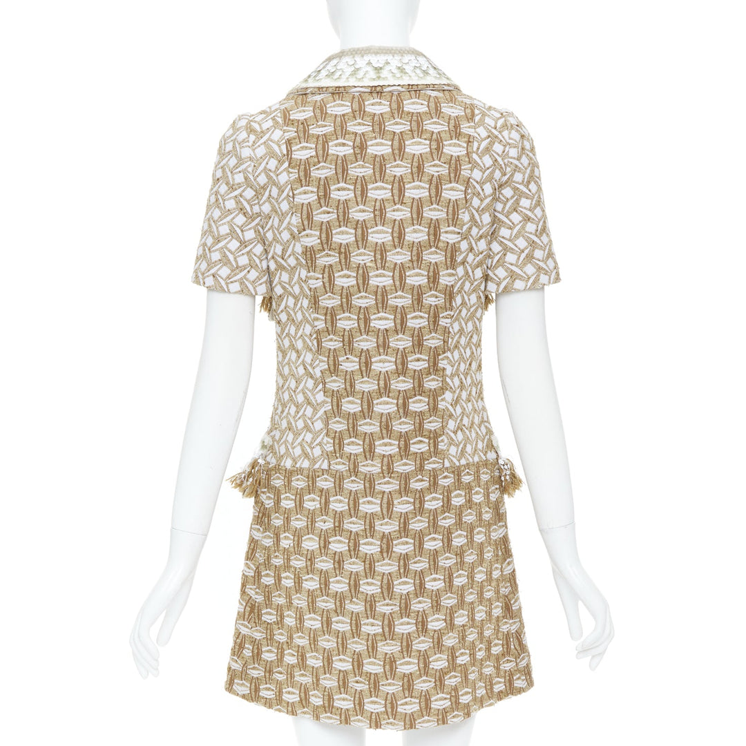 LOUIS VUITTON 2013 tan boucle tweed sequin fringe collar zip front dress FR40 L