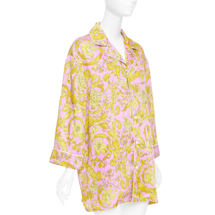 VERSACE 100% silk Signature Barocco Baroque pink gold print pajama shirt Sz.4 XL