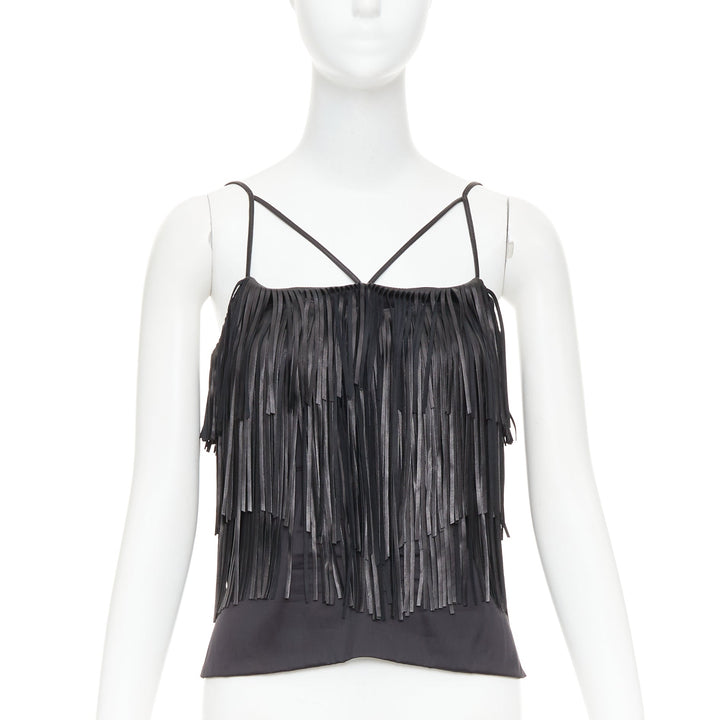 JITROIS black fringed lambskin leather silk blend lined flapper top FR38 M