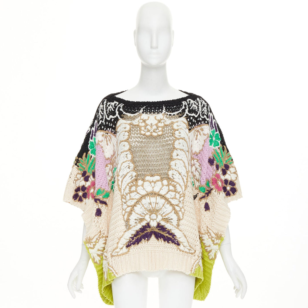 VALENTINO 2021 Runway black yellow cotton embroidered crochet poncho cape XS