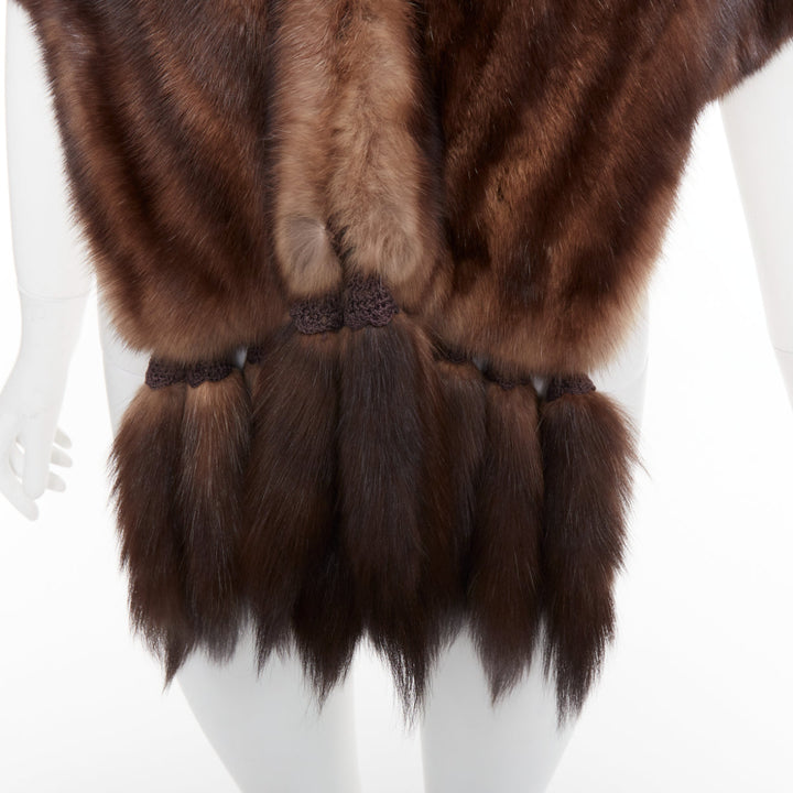 FLAMINGO brown real Russian fur tassel tiered shawl scarf stole