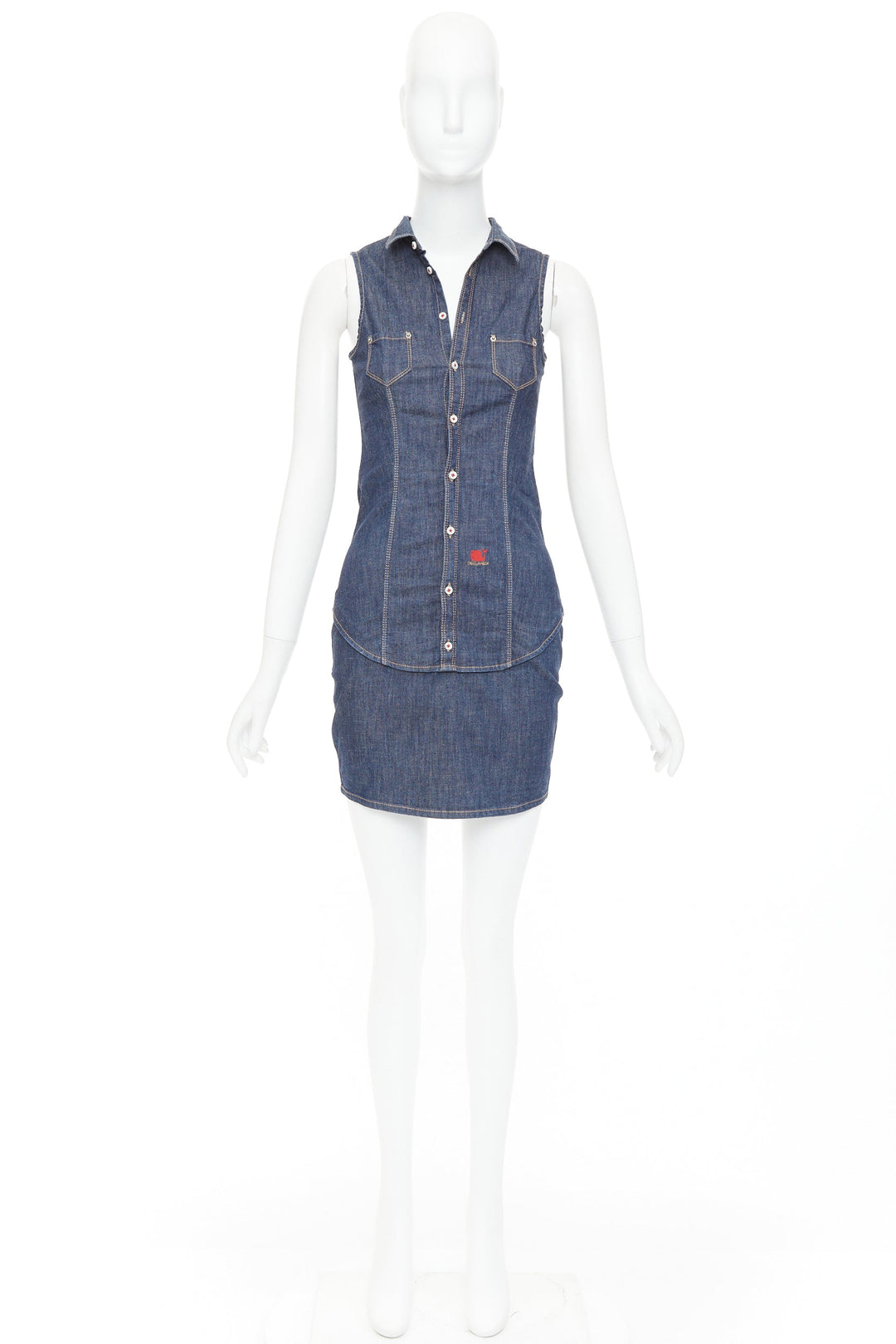 DSQUARED2 Vintage blue cotton denim red logo zip front dress IT40 S