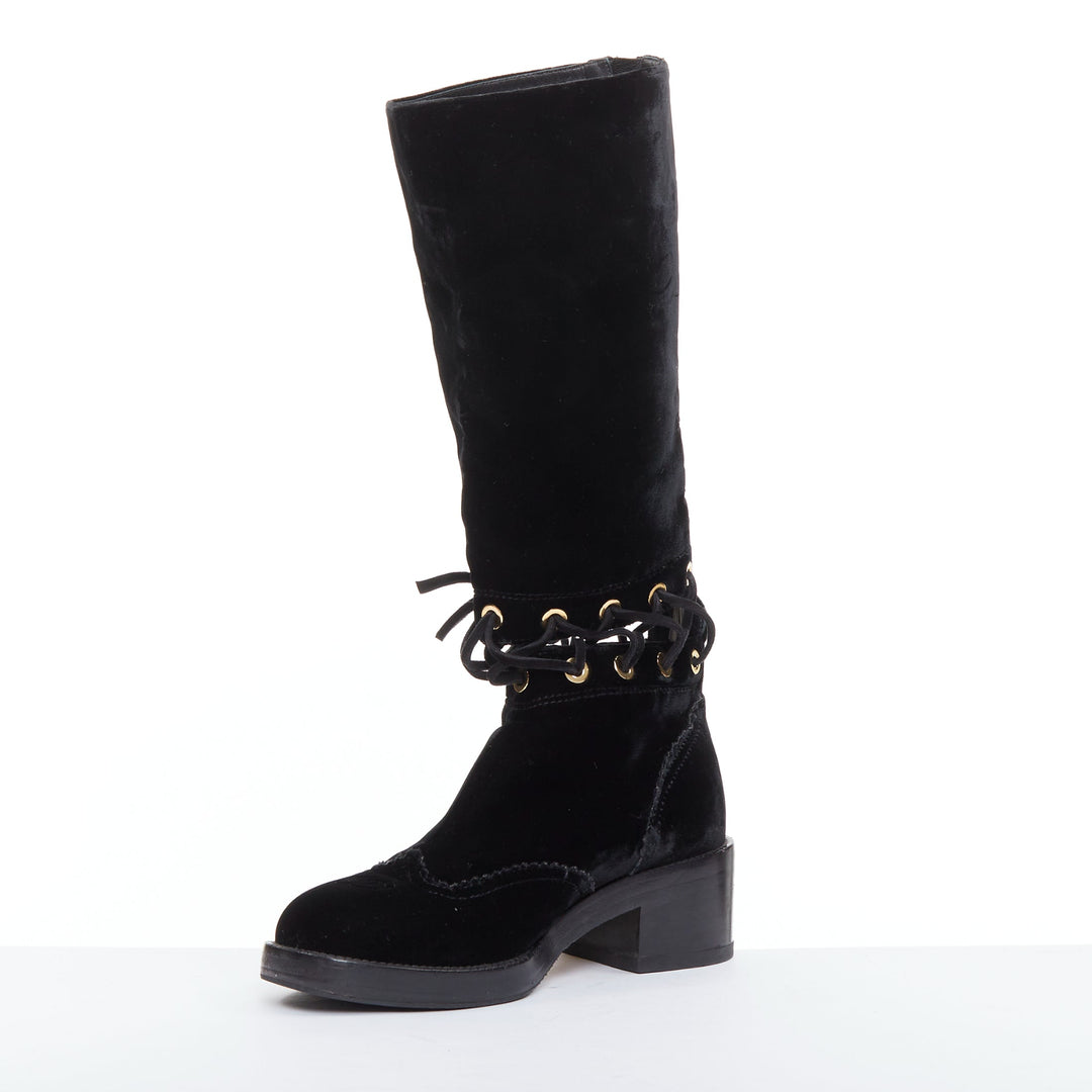 CHANEL 2016 Runway black velvet CC cap toe First Corset laced riding boots EU37