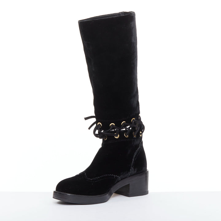 CHANEL 2016 Runway black velvet CC cap toe First Corset laced riding boots EU37