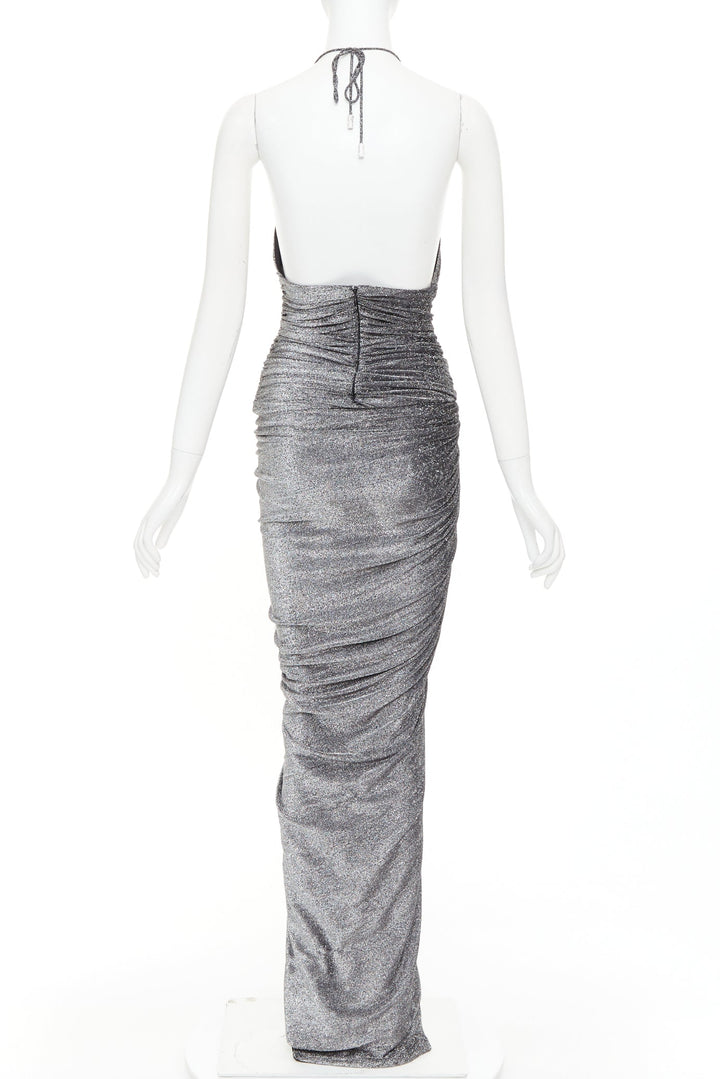 ALEXANDRE VAUTHIER metallic silver lurex knit ruched backless halter dress