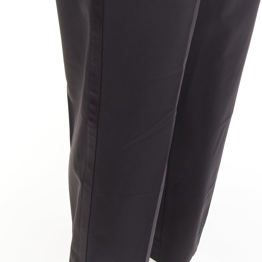 HERMES black wool blend satin trim side handstitched mid waist trousers IT50 XL