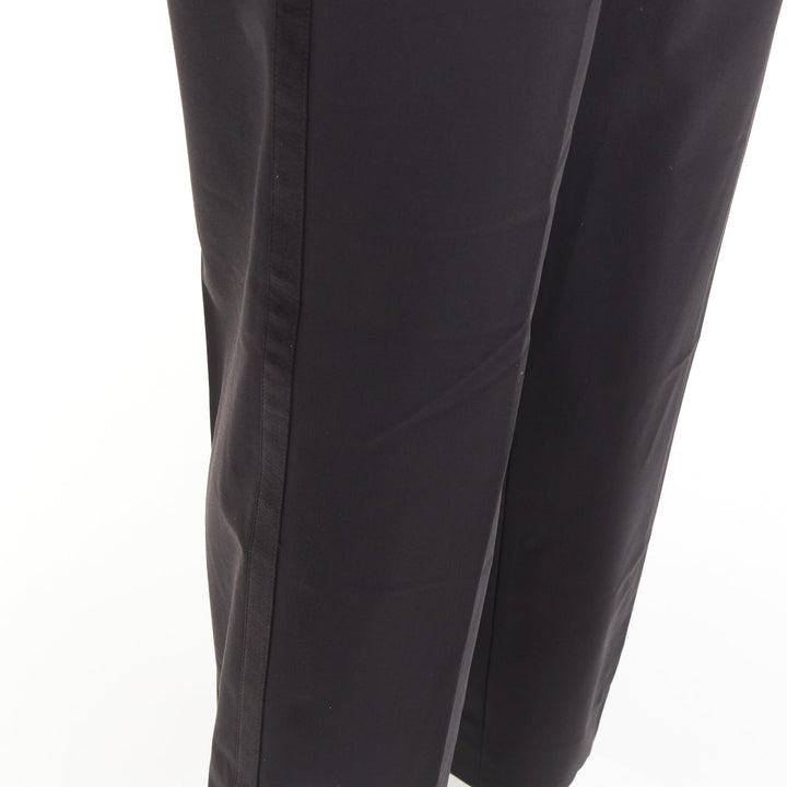 HERMES black wool blend satin trim side handstitched mid waist trousers IT50 XL
