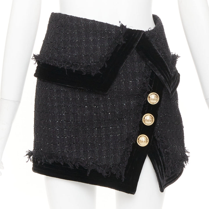 BALMAIN black cotton blend metallic tweed gold buttons foldover skirt FR34 XS