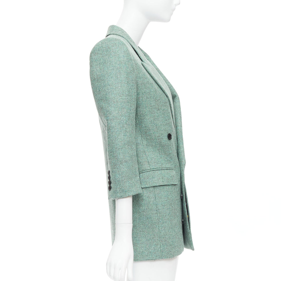 SAINT LAURENT 2022 Runway green tweed shoulder power blazer minidress FR34 XS