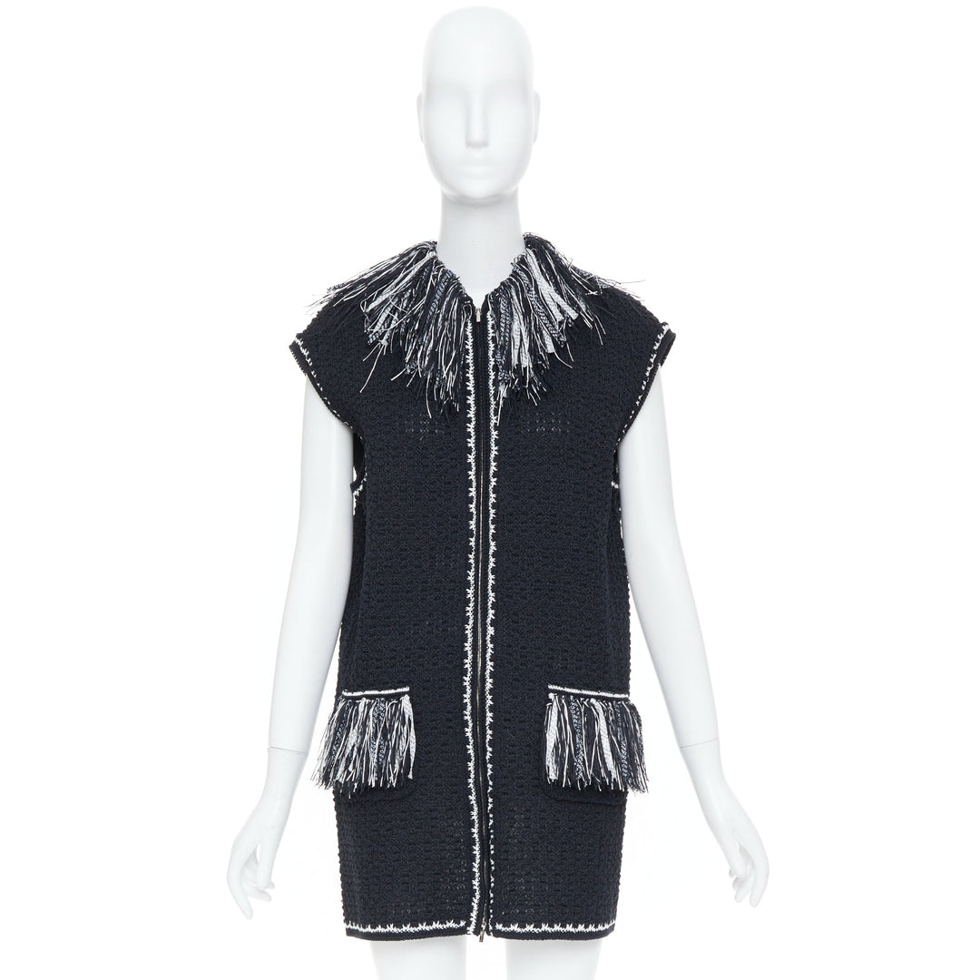 CHANEL 17P Runway ribbon trim fringe tweed sleeveless gilet vest jacket FR38 M