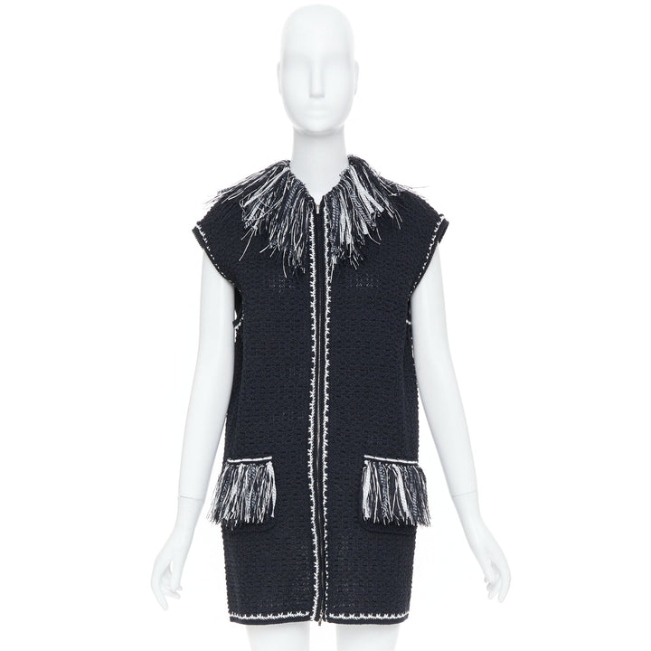 CHANEL 17P Runway ribbon trim fringe tweed sleeveless gilet vest jacket FR38 M