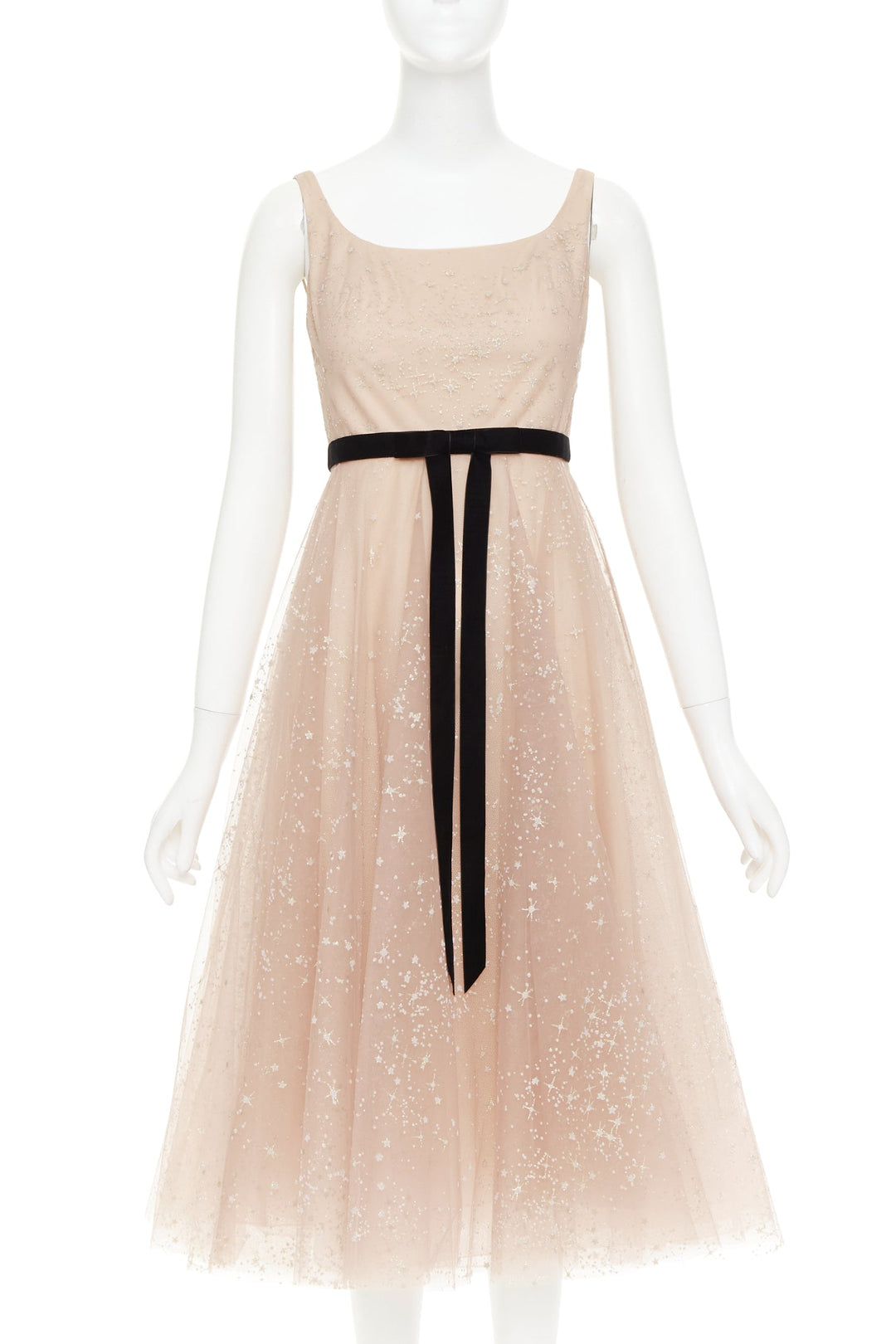 MARCHESA NOTTE blush pink glitter tulle black velvet bow tea length gown US2 S