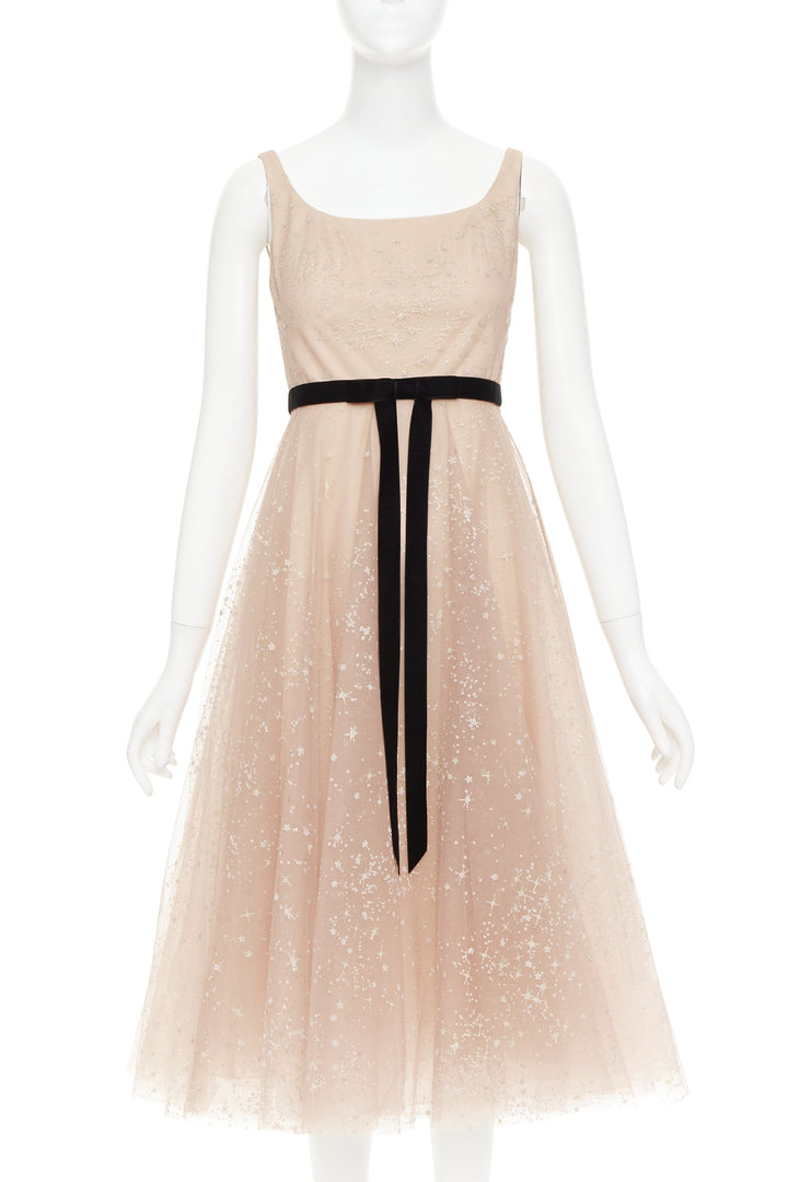 MARCHESA NOTTE blush pink glitter tulle black velvet bow tea length gown US2 S