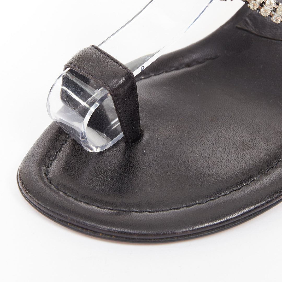 MANOLO BLAHNIK Vintage black leather crystal toe ring stiletto sandals EU37.5