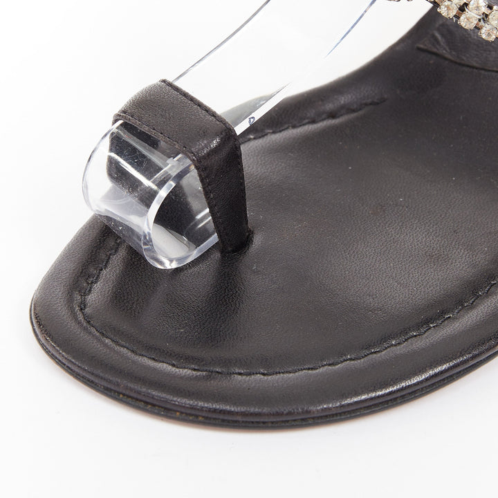 MANOLO BLAHNIK Vintage black leather crystal toe ring stiletto sandals EU37.5