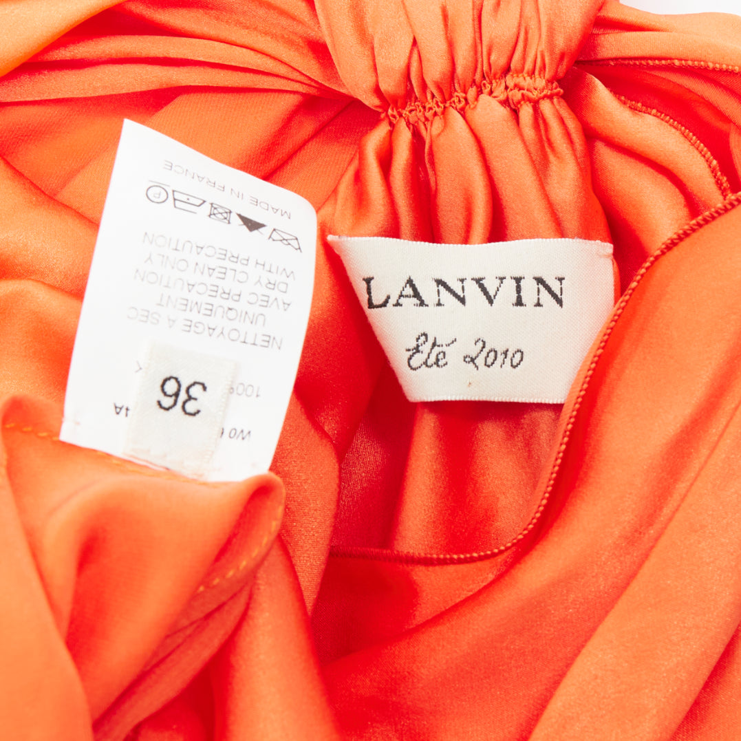 LANVIN 2010 tangerine orange 100% silk cowl neck draped top FR36 S