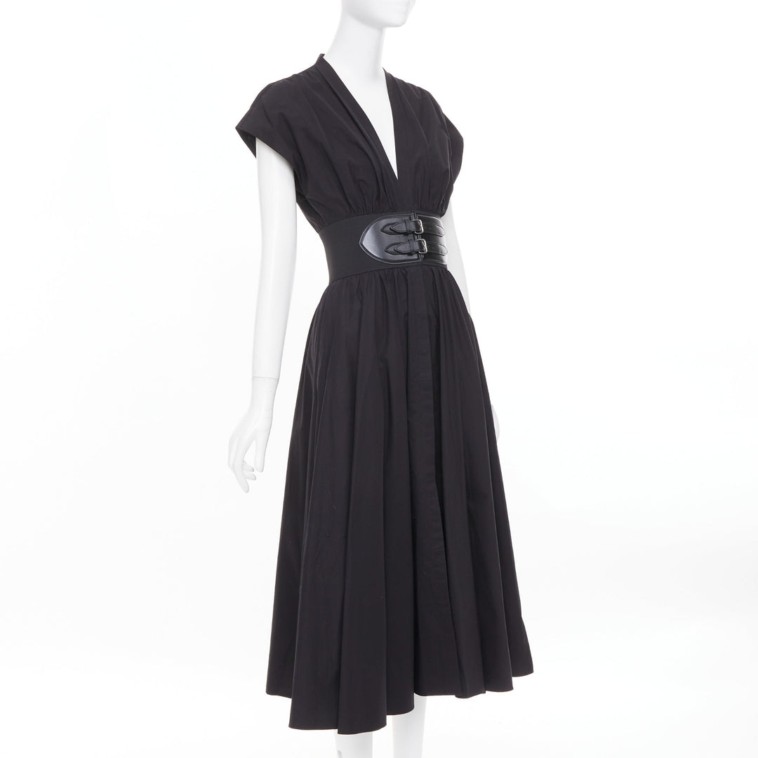 ALAIA 2023 belted leather trimmed black corset poplin casual A-line dress FR36 S
