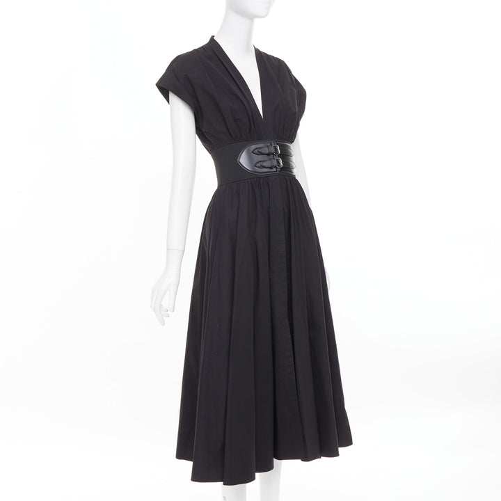 ALAIA 2023 belted leather trimmed black corset poplin casual A-line dress FR36 S