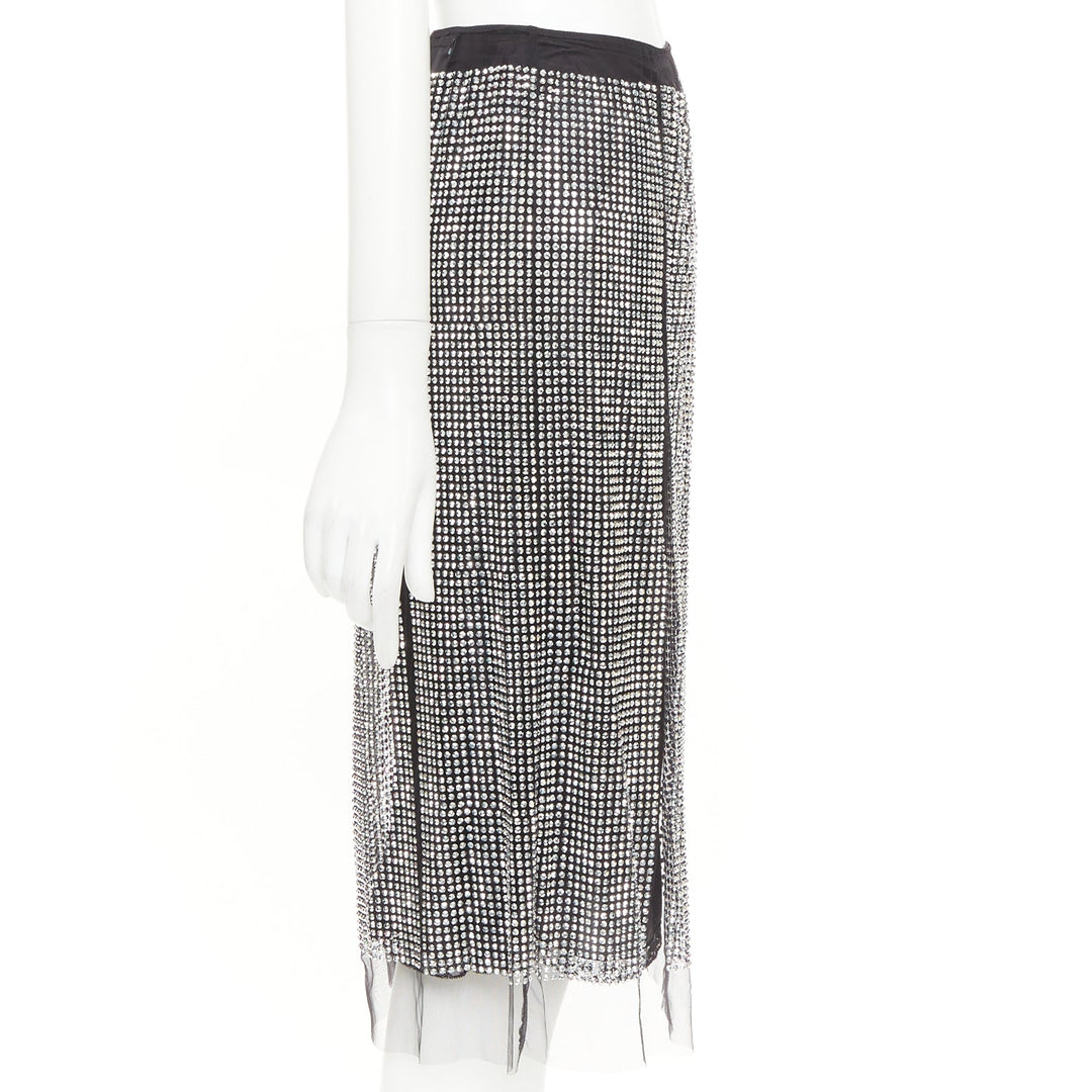 PRADA 2021 silver crystal black mesh triangle cut out lace trim skirt IT38 XS