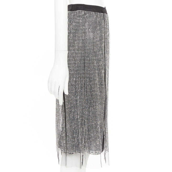 PRADA 2021 silver crystal black mesh triangle cut out lace trim skirt IT38 XS