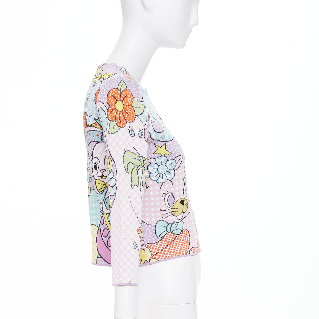 MOSCHINO 2022 Runway Calico Animals lilac blue pink cartoon knit cardigan IT36